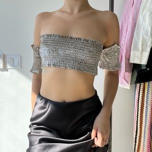 Tres Bien Velvet Off the Shoulder Shrilled Cropped Top